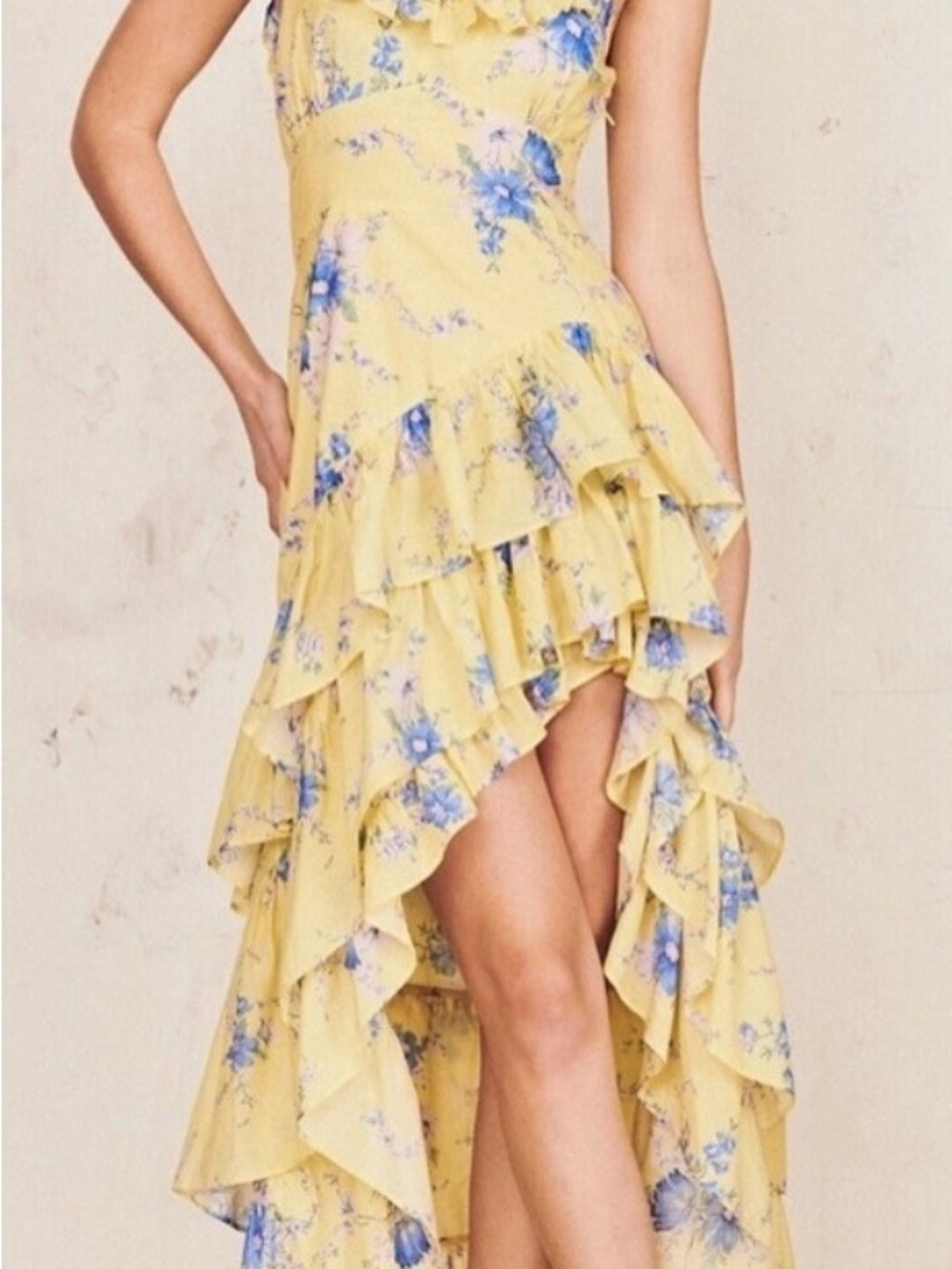 LoveShackFancy Yellow Floral Ruffled Maxi Dress